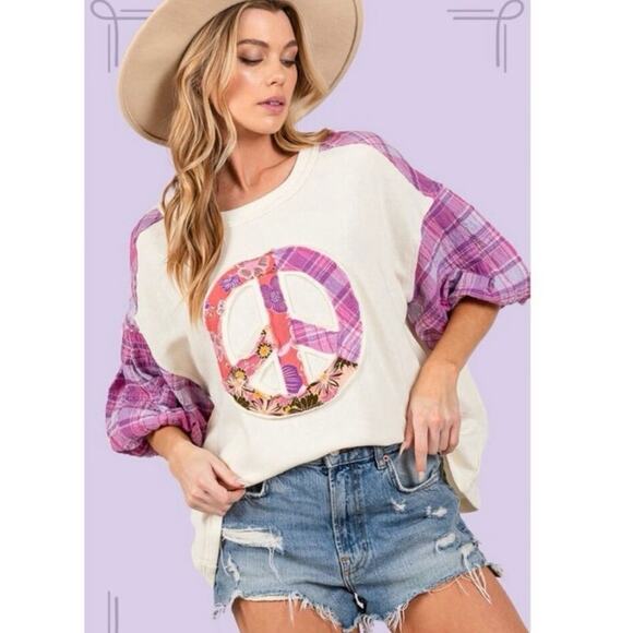 SAGE + FIG Peace Applique Patchwork Plaid Print Sleeves Oversized Boho Small - Picture 1 of 6